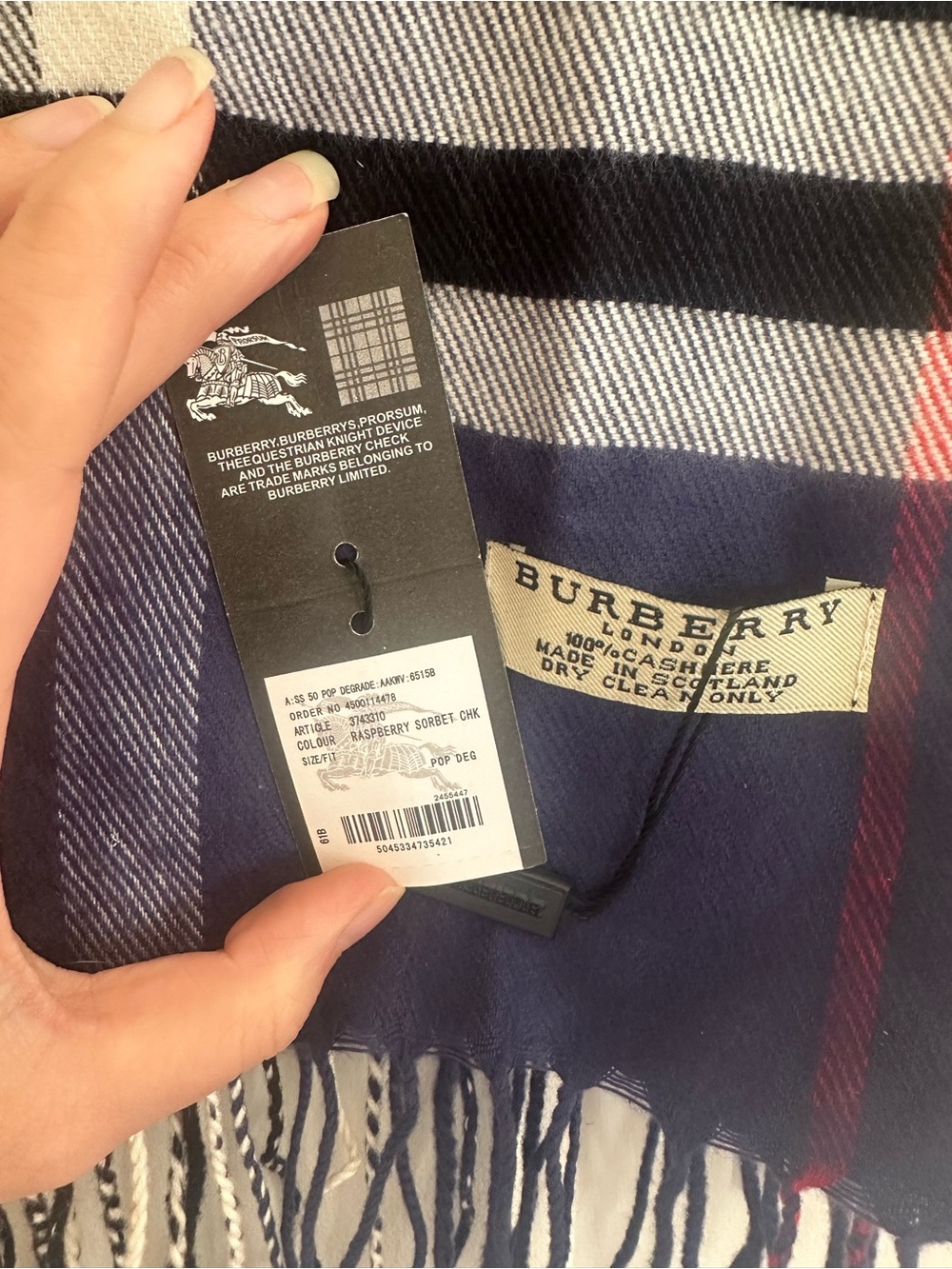 Burberry London 100% Cashmere Check Scarf Navy Made Scotland - Picture 2 of 3